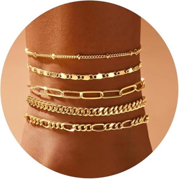 Gold Anklet Set for Women Layered Cuban Figaro Paperclip Waterproof Jewelry - Picture 7 of 7